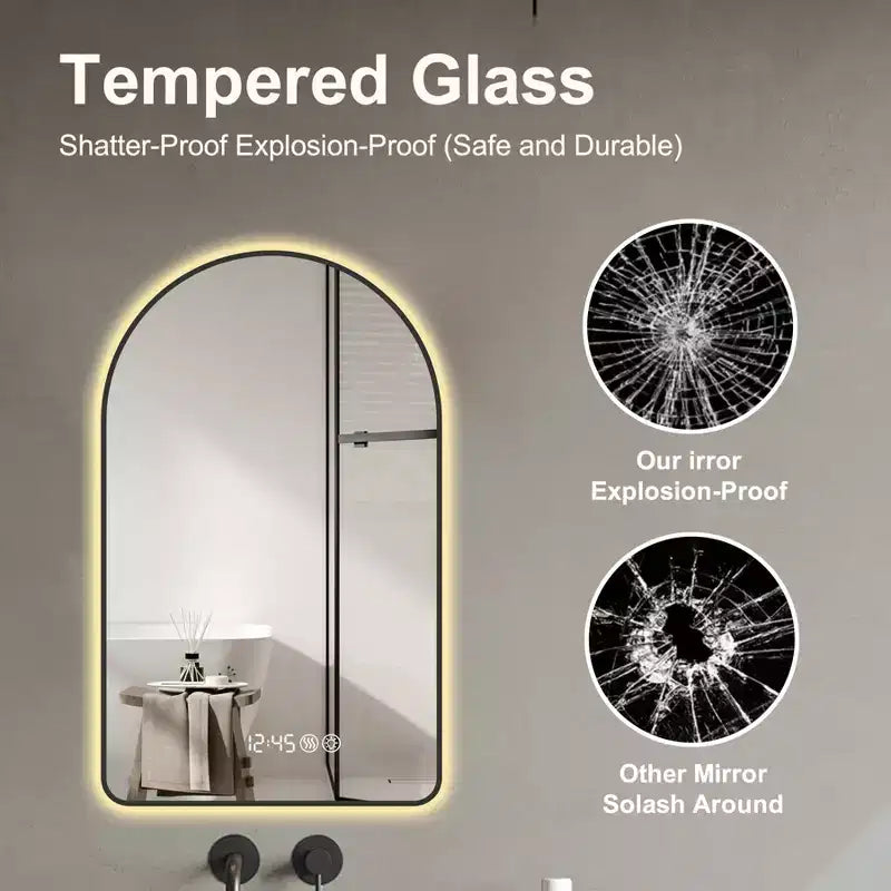Miroir de courtoisie de salle de bain mural à LED arqué Whisen avec cadre en aluminium, affichage de la température et de l'heure, lumières à intensité variable et anti-buée - Noir