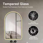 Miroir de courtoisie de salle de bain mural à LED arqué Whisen avec cadre en aluminium, affichage de la température et de l'heure, lumières à intensité variable et anti-buée - Noir