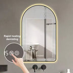Miroir de courtoisie de salle de bain mural à LED arqué Whisen avec cadre en aluminium, affichage de la température et de l'heure, lumières à intensité variable et anti-buée - Noir