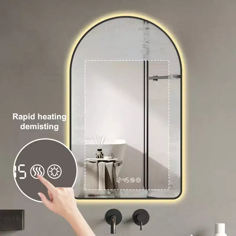 Miroir de courtoisie de salle de bain mural à LED arqué Whisen avec cadre en aluminium, affichage de la température et de l'heure, lumières à intensité variable et anti-buée - Noir