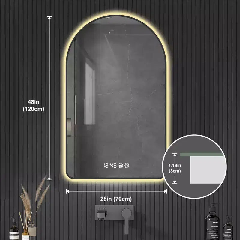 Miroir de courtoisie de salle de bain mural à LED arqué Whisen avec cadre en aluminium, affichage de la température et de l'heure, lumières à intensité variable et anti-buée - Noir