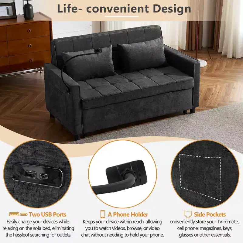 Bestier Canapé-lit convertible 56,9 po, canapé-lit rembourré avec USB et dossier réglable, lit pliant pour salon-noir