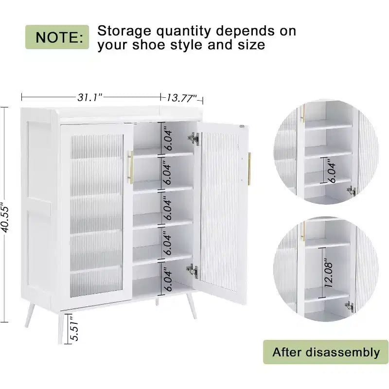 Meuble de rangement pour chaussures avec portes vitrées, Armoire à chaussures à 5 niveaux avec pieds de support robustes, Meuble de rangement pour chaussures pour salon, entrée