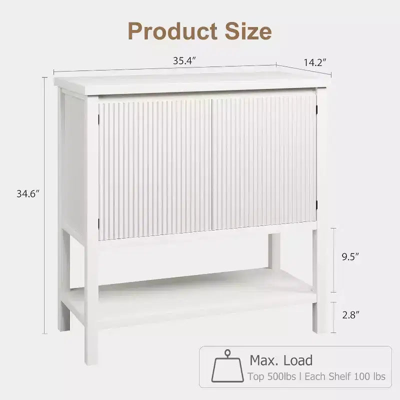 Console rustique COZONY avec rangement, meuble d'entrée blanc avec portes cannelées, buffet pour salon