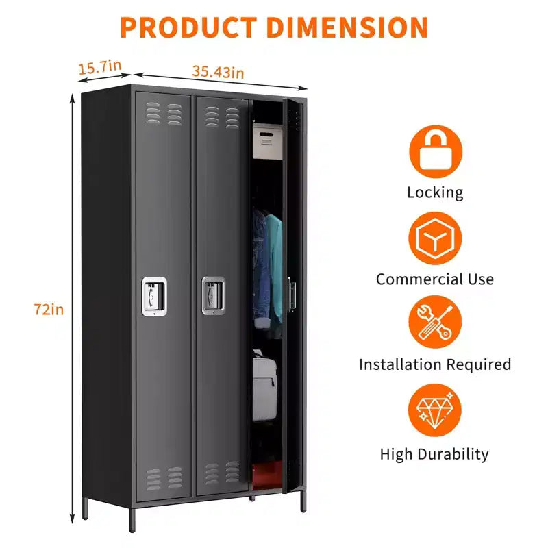 Casier métallique à 3 portes, casier de rangement ventilé avec serrure pour garage, salle de sport et bureau