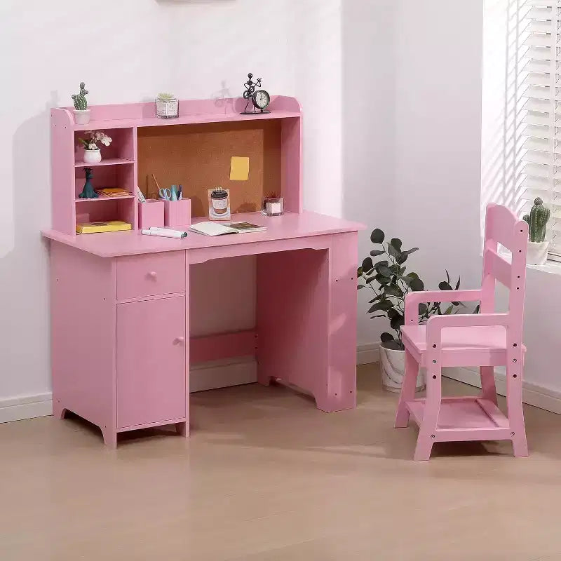 Ensemble bureau et chaise d'étude en bois pour enfants, table d'écriture avec étagère, tableau d'affichage, chaise réglable en hauteur, placard et tiroir pour les 3-8 ans