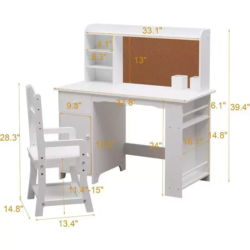 Ensemble bureau et chaise d'étude en bois pour enfants, table d'écriture avec étagère, tableau d'affichage, chaise réglable en hauteur, placard et tiroir pour les 3-8 ans