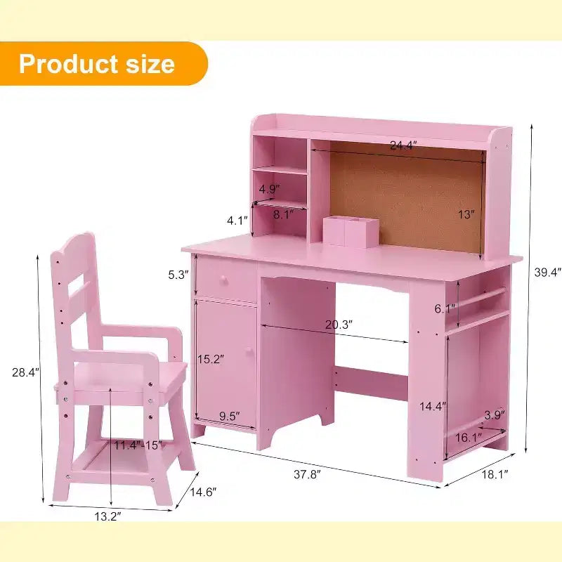 Ensemble bureau et chaise d'étude en bois pour enfants, table d'écriture avec étagère, tableau d'affichage, chaise réglable en hauteur, placard et tiroir pour les 3-8 ans