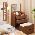 JVNOXK3 Coiffeuse 3 en 1 avec miroir escamotable, petite coiffeuse avec plateau en verre visible, coiffeuse compacte avec 3 tiroirs, Noyer