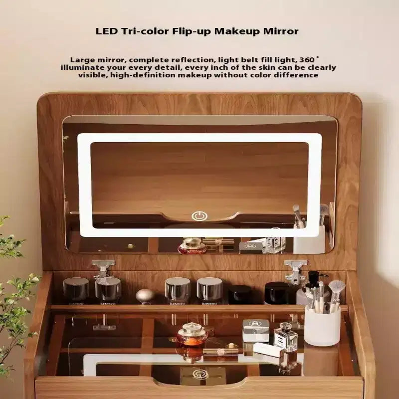 JVNOXK3 Coiffeuse 3 en 1 avec miroir escamotable, petite coiffeuse avec plateau en verre visible, coiffeuse compacte avec 3 tiroirs, Noyer