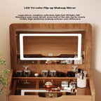 JVNOXK3 Coiffeuse 3 en 1 avec miroir escamotable, petite coiffeuse avec plateau en verre visible, coiffeuse compacte avec 3 tiroirs, Noyer