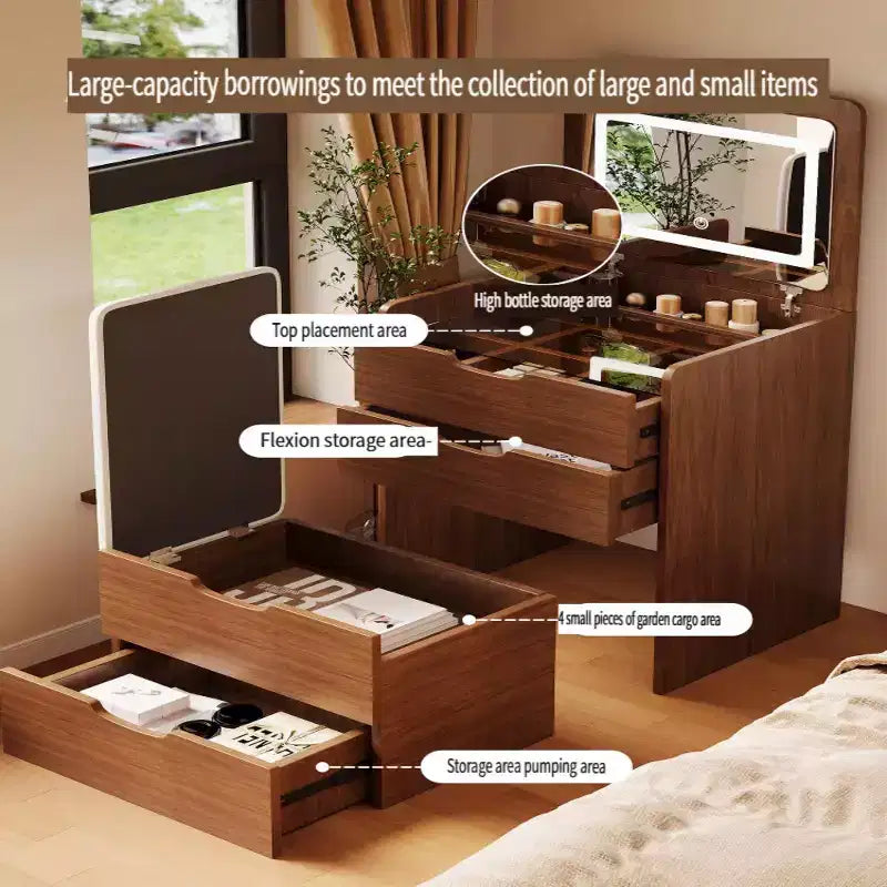 JVNOXK3 Coiffeuse 3 en 1 avec miroir escamotable, petite coiffeuse avec plateau en verre visible, coiffeuse compacte avec 3 tiroirs, Noyer