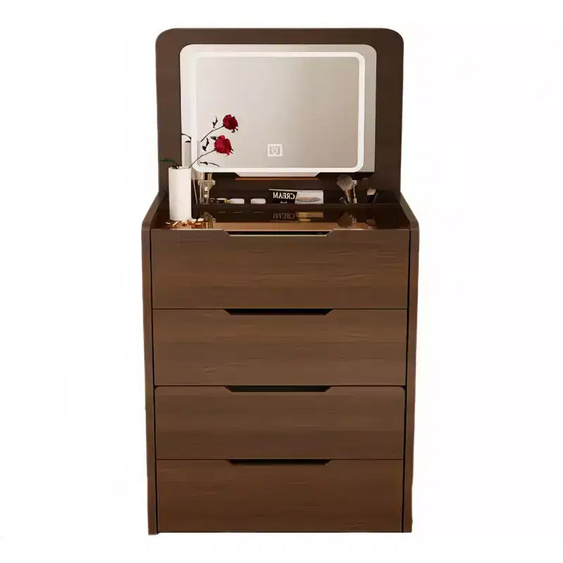 JVNOXK3 Coiffeuse 3 en 1 avec miroir escamotable, petite coiffeuse avec plateau en verre visible, coiffeuse compacte avec 3 tiroirs, Noyer