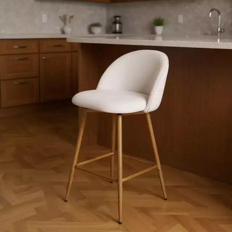Chaise de bar pivotante HomeRoots 27, dossier bas, en tissu beige et chêne, et métal, hauteur comptoir