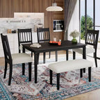 Ensemble de salle à manger rétro MAYEERTY 6 pièces, table en bois, 4 chaises et banc