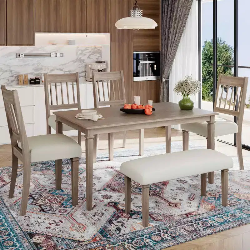 MAYEERTY 6-Piece Retro Dining Set, Wooden Table, 4 Chairs & Bench