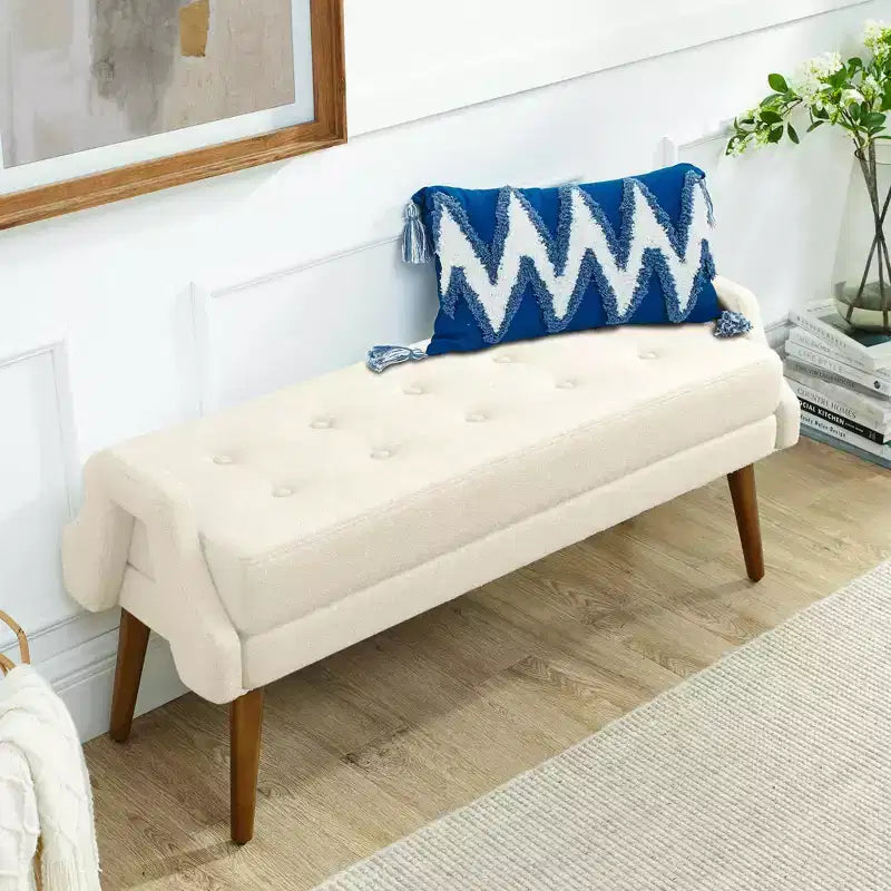 MAYEERTY Banc de salon moderne en tissu bouclé avec coussin doux, accoudoirs géométriques irréguliers, pieds en bois d'hévéa, beige