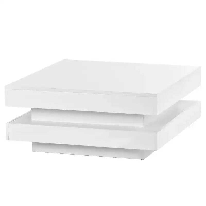 Table basse carrée Zeus & Ruta 31,5" brillante avec lumières, design minimaliste à 2 niveaux