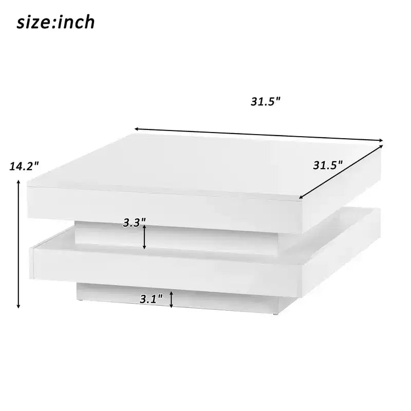 Table basse carrée Zeus & Ruta 31,5" brillante avec lumières, design minimaliste à 2 niveaux