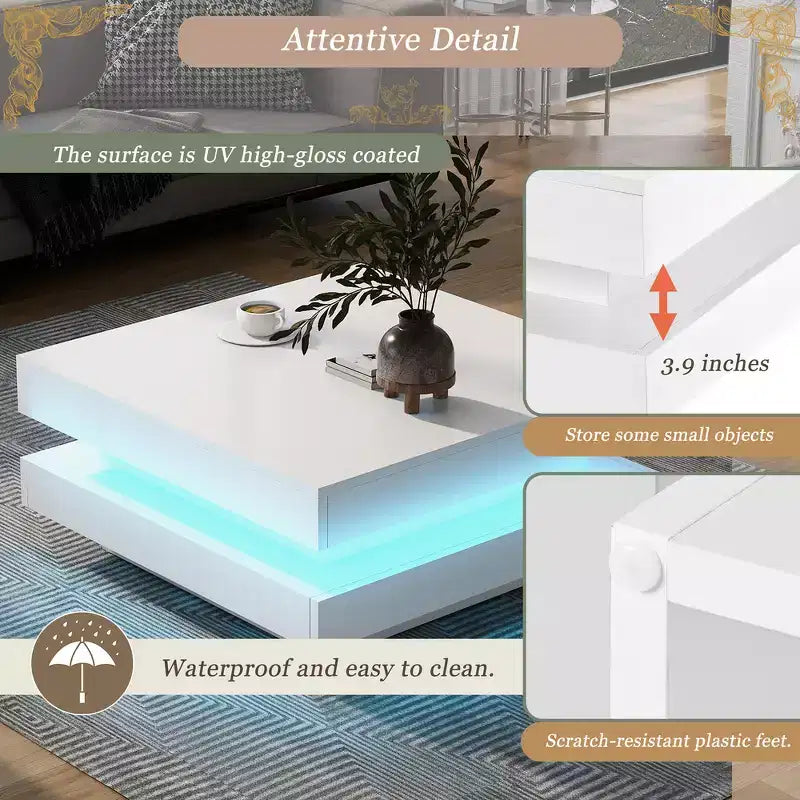 Table basse carrée Zeus & Ruta 31,5" brillante avec lumières, design minimaliste à 2 niveaux