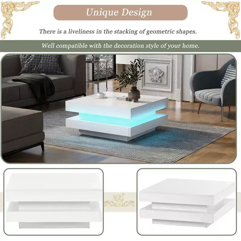 Table basse carrée Zeus & Ruta 31,5" brillante avec lumières, design minimaliste à 2 niveaux