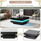 Table basse carrée Zeus & Ruta 31,5" brillante avec lumières, design minimaliste à 2 niveaux