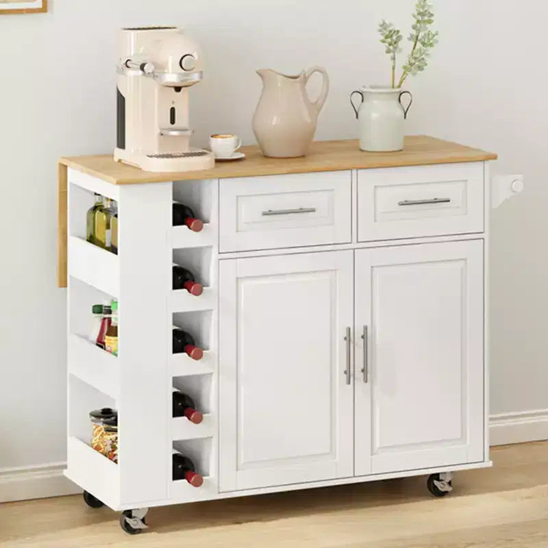 FAMYYT White Solid Rubber Wood Top 16.93 in. Kitchen Island Cart with 2 Door Cabinet and 2 Drawers