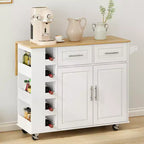 FAMYYT White Solid Rubber Wood Top 16.93 in. Kitchen Island Cart with 2 Door Cabinet and 2 Drawers