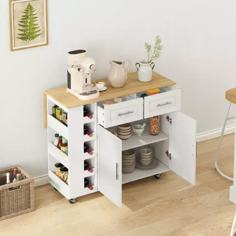 FAMYYT Chariot d'îlot de cuisine 42,9 cm avec plateau en bois d'hévéa massif blanc, 1 meuble à 2 portes et 2 tiroirs