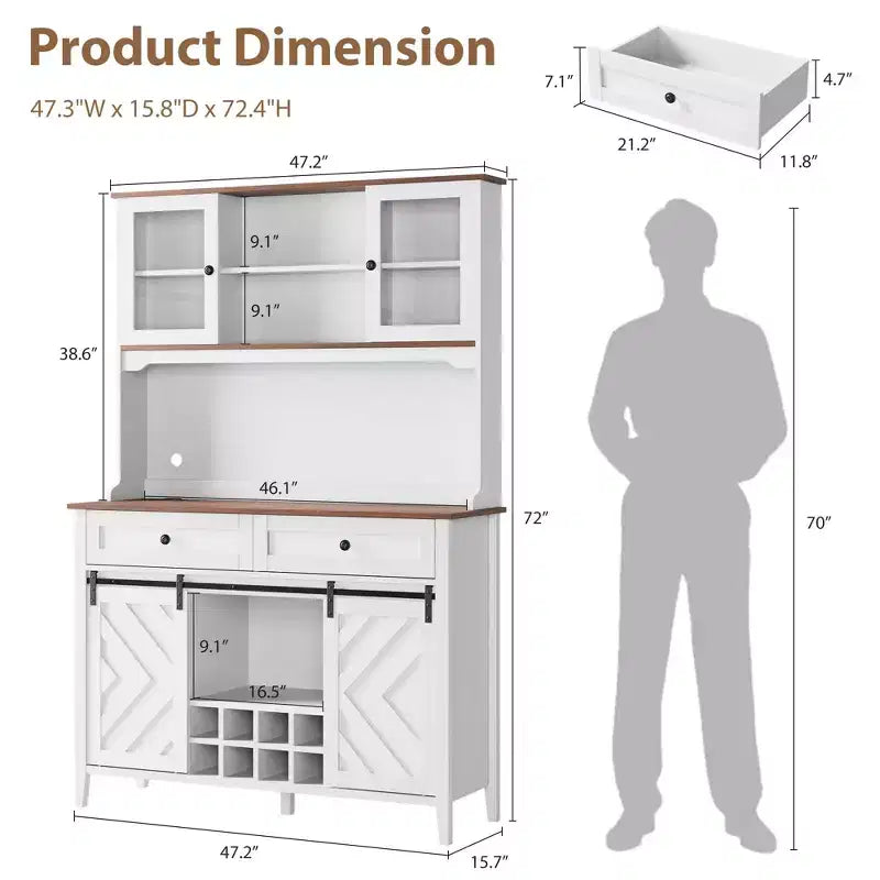 COZONY 72 Armoire de Bar de Ferme avec Porte Coulissante, Buffet de Cuisine avec Station de Charge, Bar à Café Rustique à LED