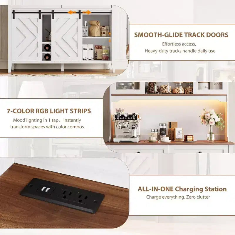 COZONY 72 Armoire de Bar de Ferme avec Porte Coulissante, Buffet de Cuisine avec Station de Charge, Bar à Café Rustique à LED