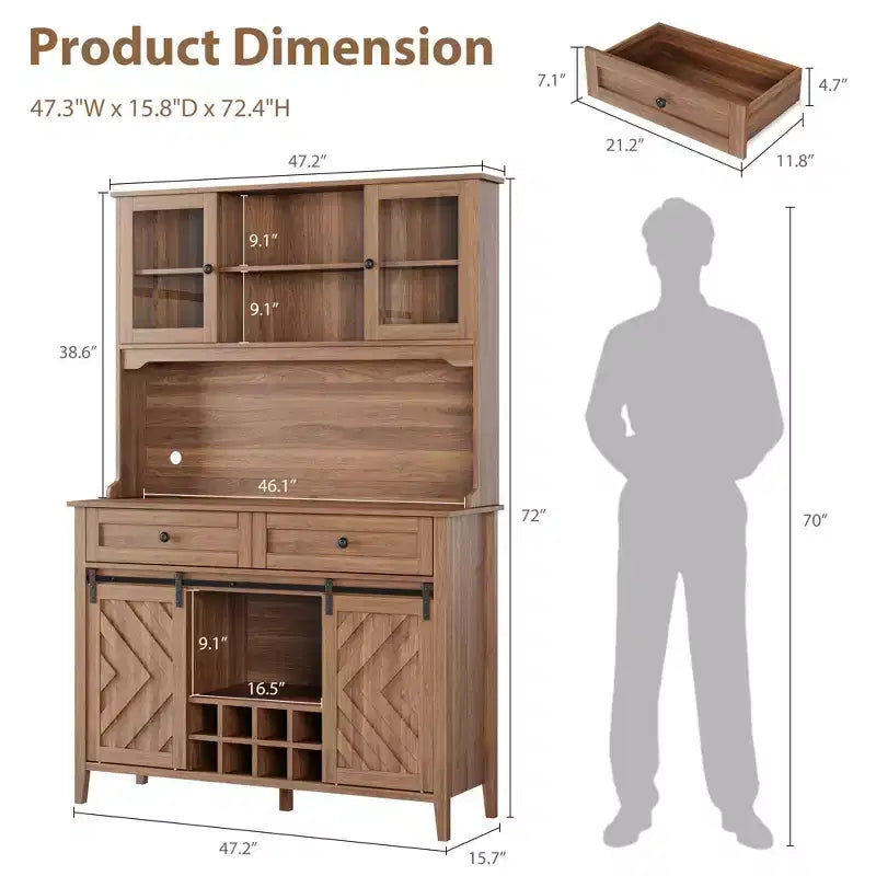 COZONY 72 Armoire de Bar de Ferme avec Porte Coulissante, Buffet de Cuisine avec Station de Charge, Bar à Café Rustique à LED