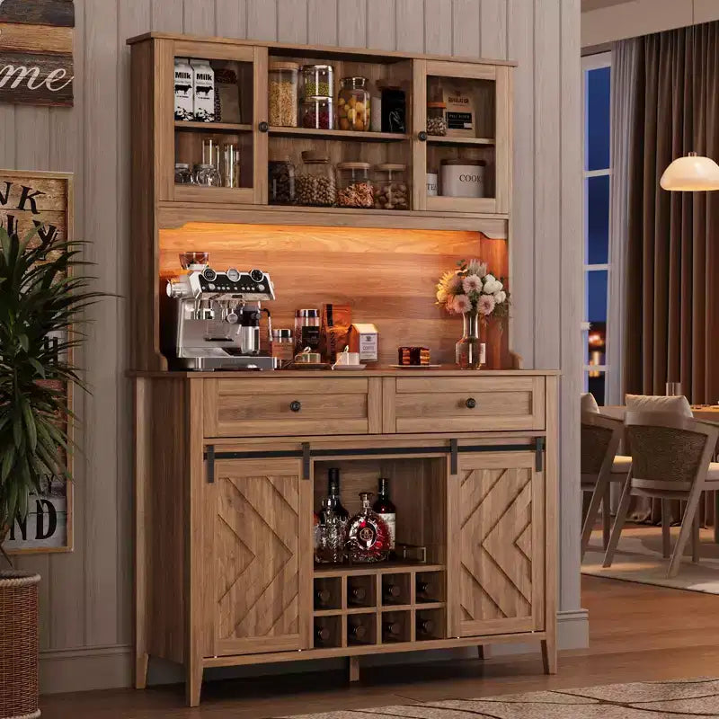COZONY 72 Armoire de Bar de Ferme avec Porte Coulissante, Buffet de Cuisine avec Station de Charge, Bar à Café Rustique à LED