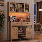 COZONY 72 Armoire de Bar de Ferme avec Porte Coulissante, Buffet de Cuisine avec Station de Charge, Bar à Café Rustique à LED