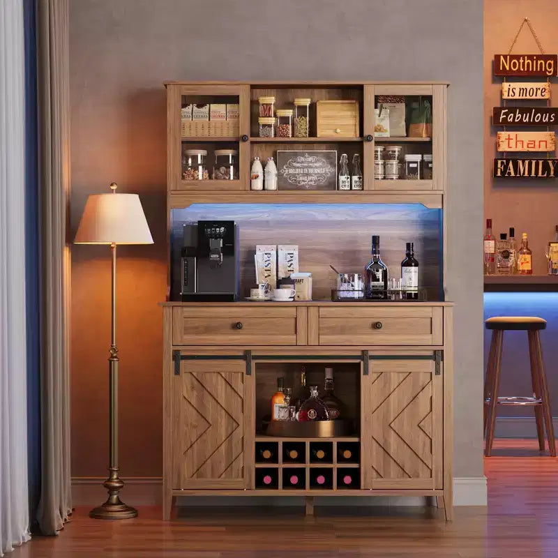 COZONY 72 Armoire de Bar de Ferme avec Porte Coulissante, Buffet de Cuisine avec Station de Charge, Bar à Café Rustique à LED