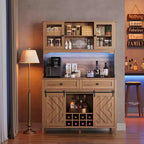 COZONY 72 Armoire de Bar de Ferme avec Porte Coulissante, Buffet de Cuisine avec Station de Charge, Bar à Café Rustique à LED