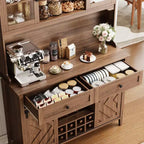 COZONY 72 Armoire de Bar de Ferme avec Porte Coulissante, Buffet de Cuisine avec Station de Charge, Bar à Café Rustique à LED