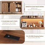 COZONY 72 Armoire de Bar de Ferme avec Porte Coulissante, Buffet de Cuisine avec Station de Charge, Bar à Café Rustique à LED