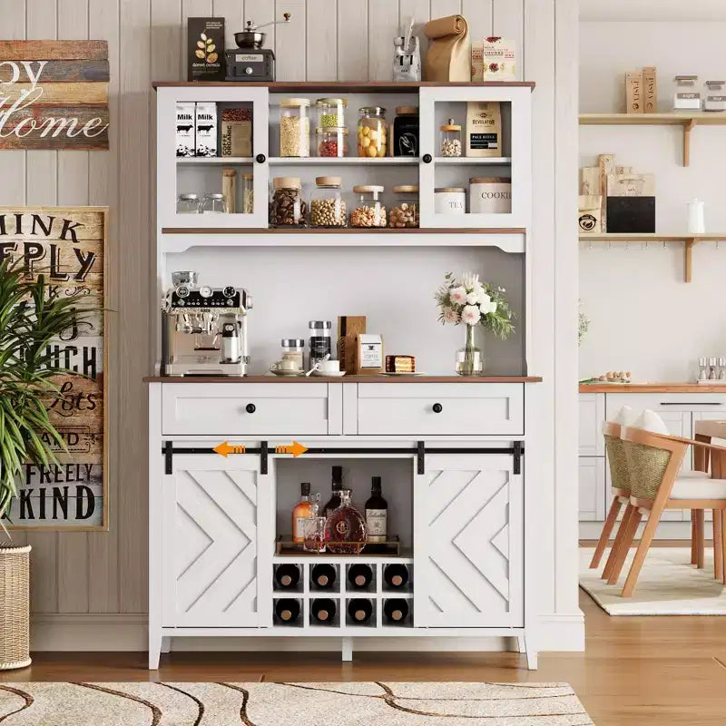 COZONY 72 Armoire de Bar de Ferme avec Porte Coulissante, Buffet de Cuisine avec Station de Charge, Bar à Café Rustique à LED