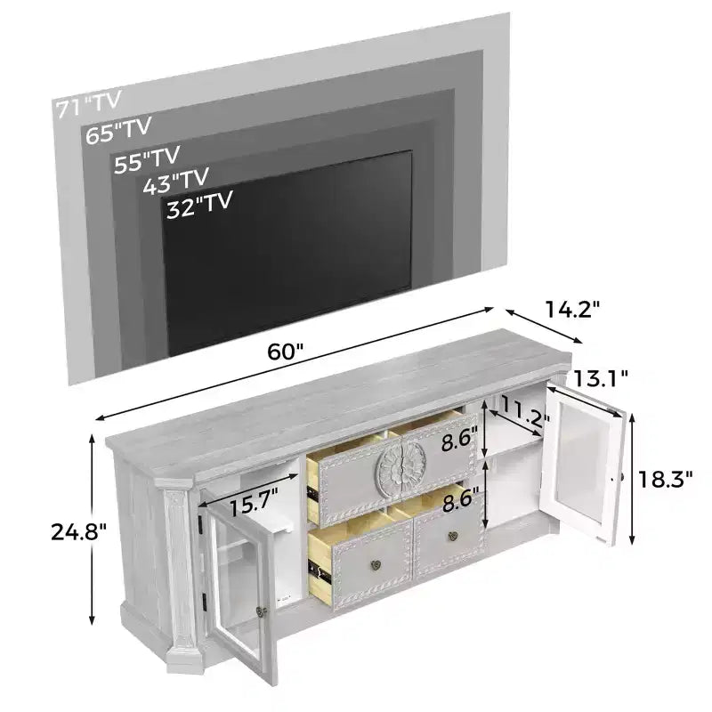 Meuble TV Homsee en bois massif blanc pré-assemblé : Détails sculptés vintage + Rangement prêt à l'emploi – Console média ornée pour salons
