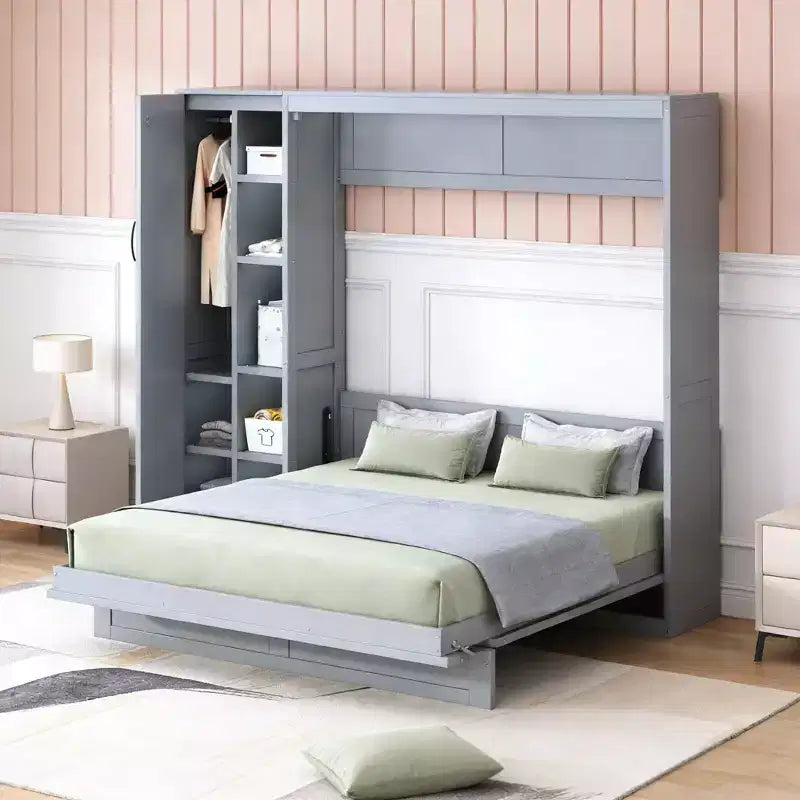 Lit escamotable moderne Luxystar Queen size avec 5 étagères, armoire et lumières LED