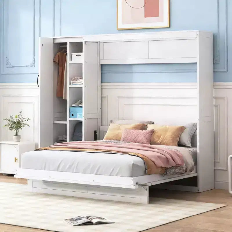 Lit escamotable moderne Luxystar Queen size avec 5 étagères, armoire et lumières LED