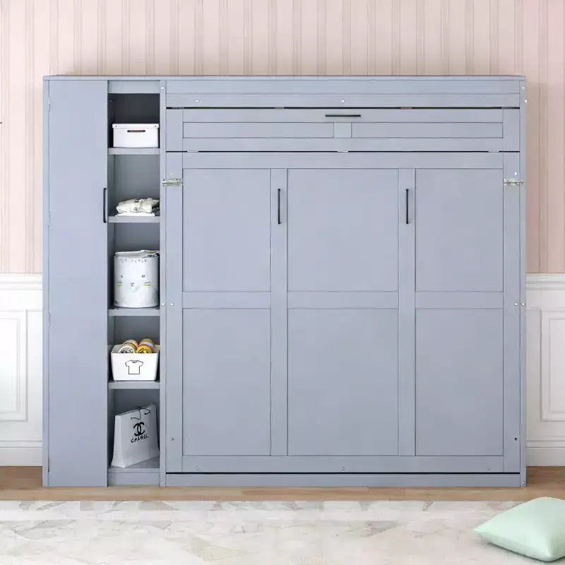 Luxystar Modern Queen Size Murphy Bed with 5 Shelves, Wardrobe and LED Lights