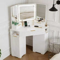 Corner Vanity Desk with Lighted Mirror, Fluted Makeup Table with Drawers Cabinets for Bedroom, Corner Dressing Table with Triple Mirrors