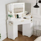 Corner Vanity Desk with Lighted Mirror, Fluted Makeup Table with Drawers Cabinets for Bedroom, Corner Dressing Table with Triple Mirrors