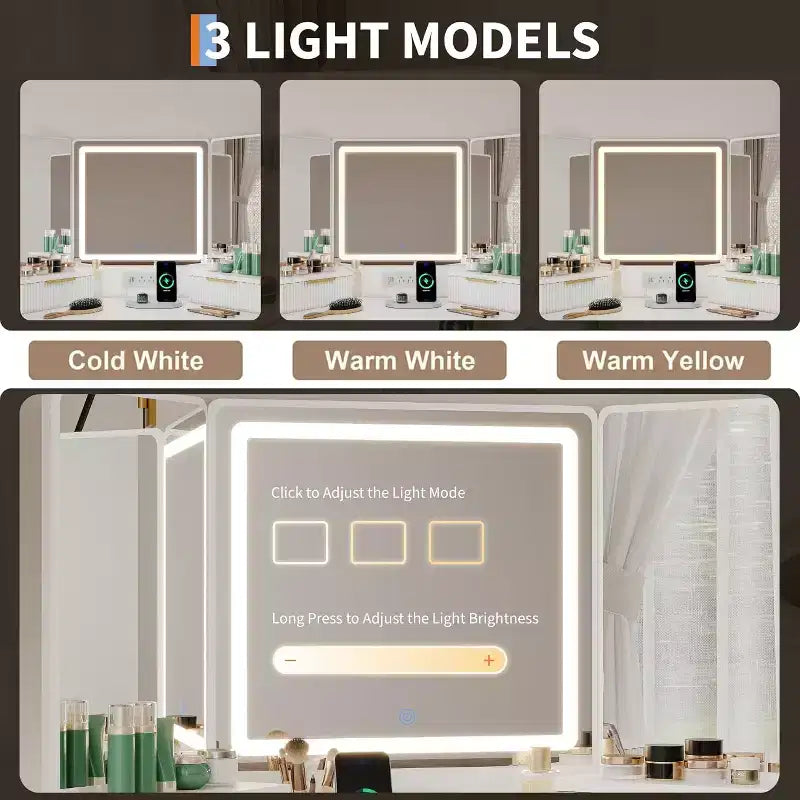 Coiffeuse d'angle avec miroir lumineux, table de maquillage cannelée avec tiroirs et armoires pour chambre à coucher, coiffeuse d'angle avec trois miroirs