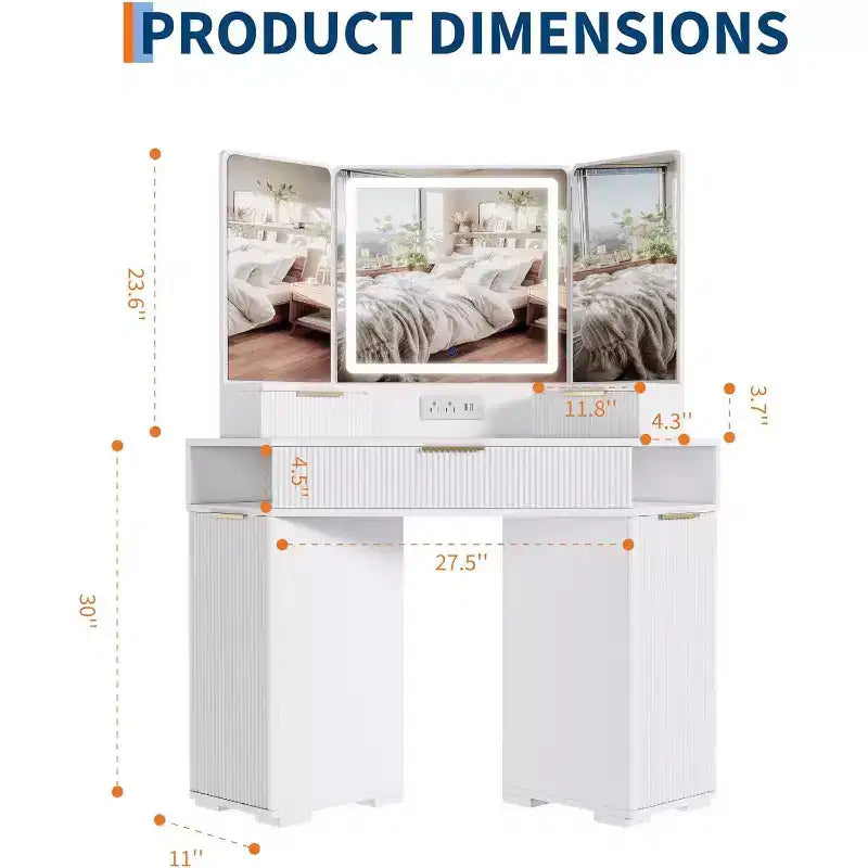 Coiffeuse d'angle avec miroir lumineux, table de maquillage cannelée avec tiroirs et armoires pour chambre à coucher, coiffeuse d'angle avec trois miroirs
