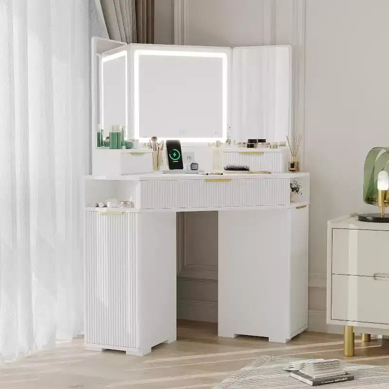 Coiffeuse d'angle avec miroir lumineux, table de maquillage cannelée avec tiroirs et armoires pour chambre à coucher, coiffeuse d'angle avec trois miroirs
