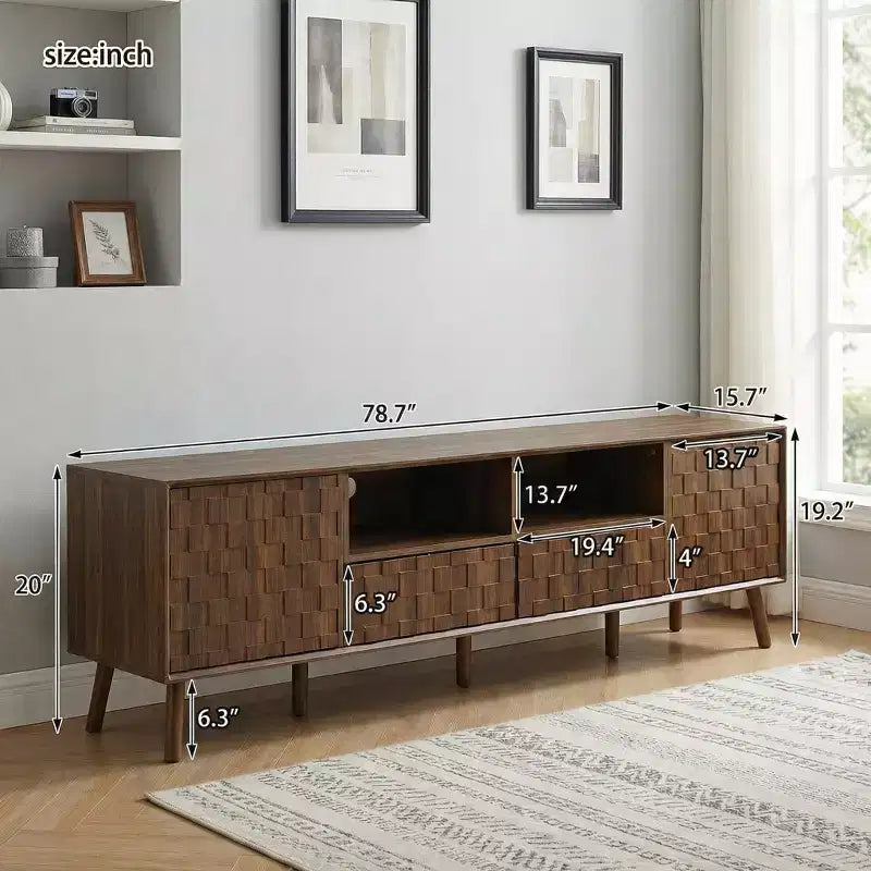 JVNOXK Meuble TV moderne de 78 pouces pour téléviseurs jusqu'à 85 pouces, pour salon, meuble de divertissement avec pieds en bois massif, tiroirs et gestion des câbles