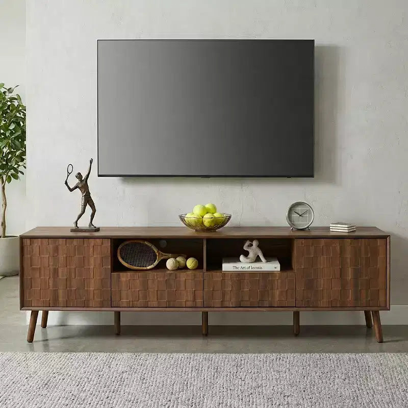 JVNOXK Meuble TV moderne de 78 pouces pour téléviseurs jusqu'à 85 pouces, pour salon, meuble de divertissement avec pieds en bois massif, tiroirs et gestion des câbles